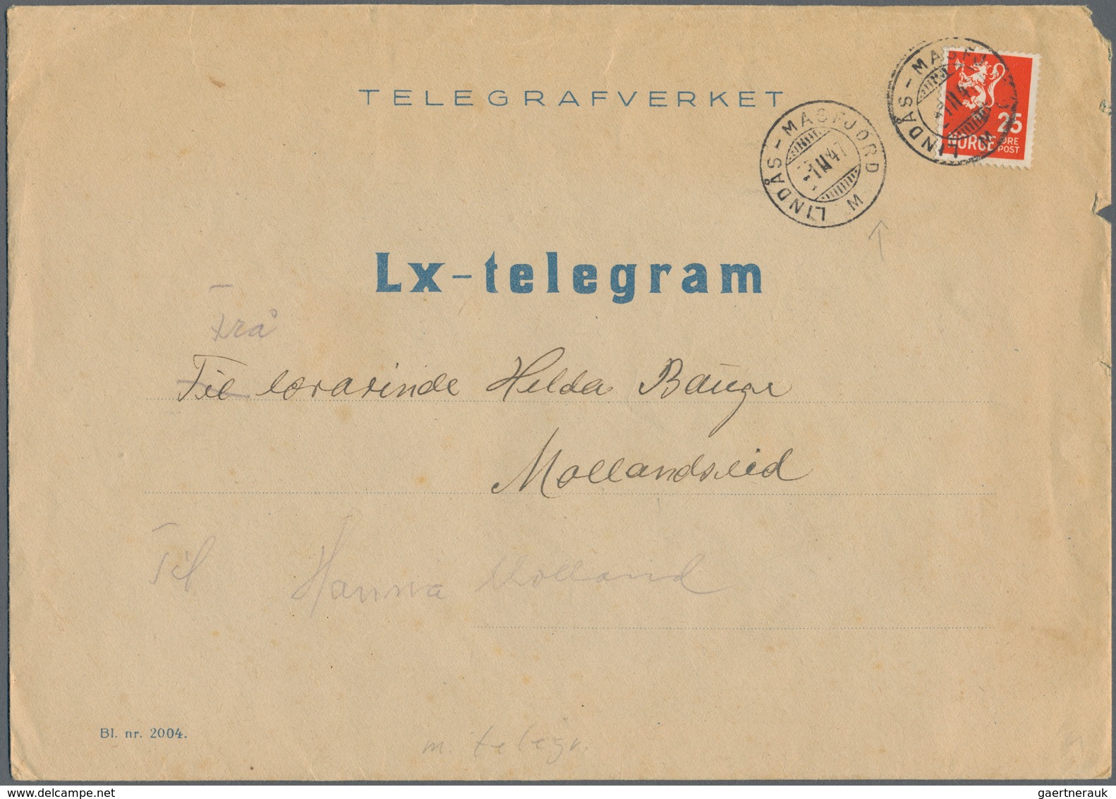 Norwegen: 1947, "Lx-telegram" Cover From LINDAS-MASFJORD To Mollandseid With Content "TELEGRAFVERKET - Cartas & Documentos