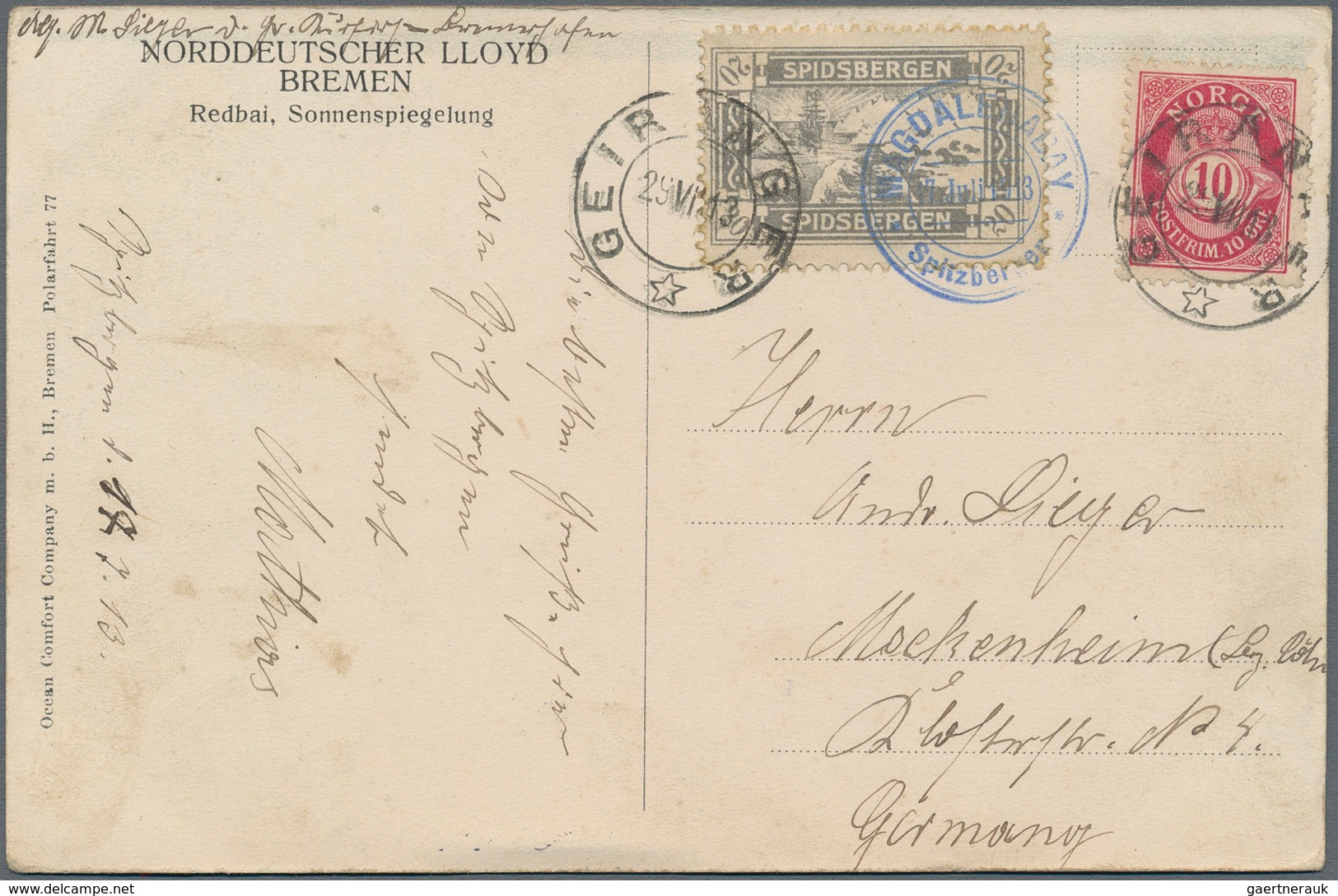 Norwegen - Privatpost Spitzbergen: 1913, Two Coloured Ppc Of North German Lloyd "REDBAI" Resp. "CROS - Local Post Stamps