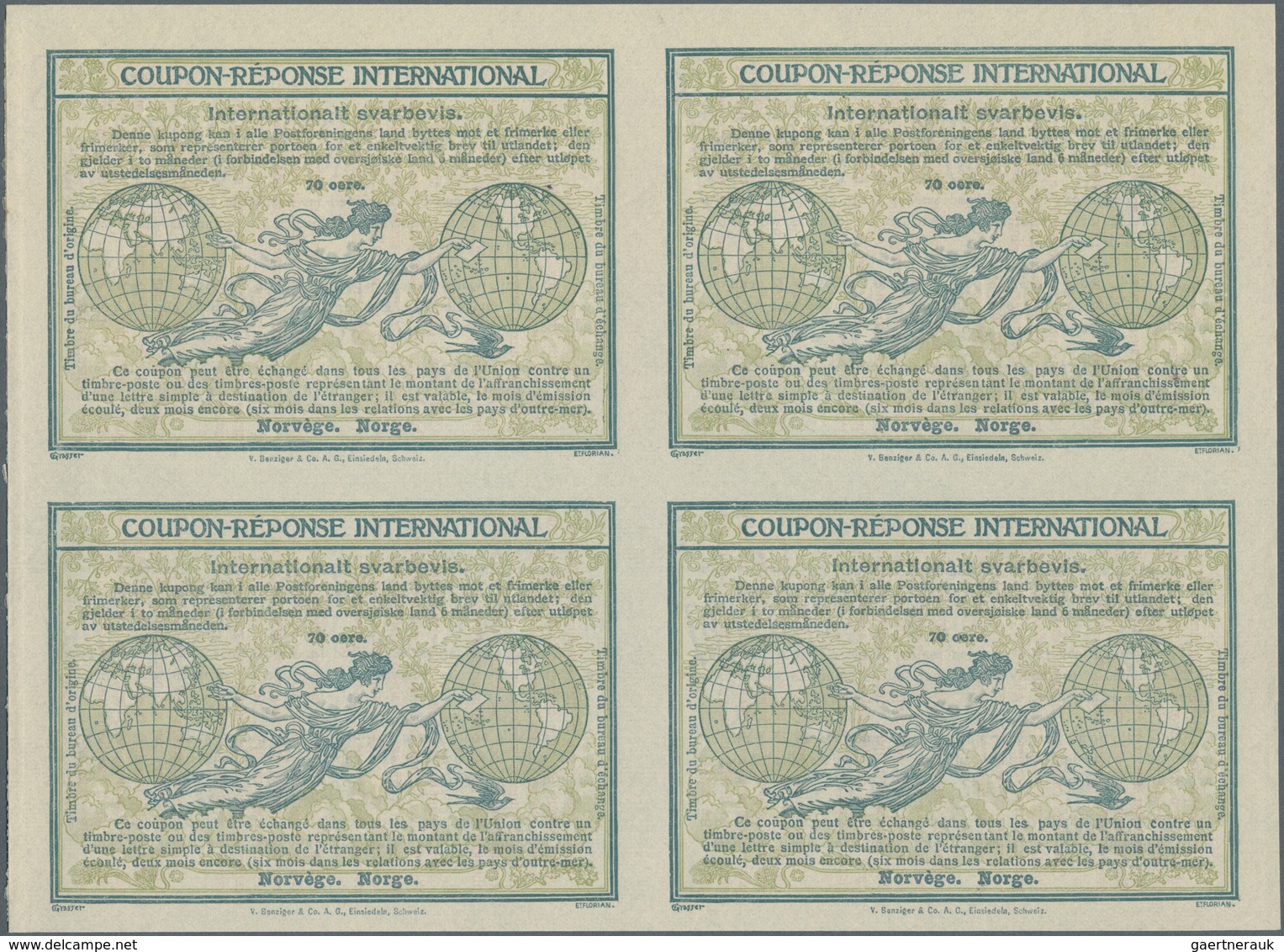 Norwegen - Ganzsachen: Design "Madrid" 1920 International Reply Coupon As Block Of Four 70 Oere Norg - Postwaardestukken