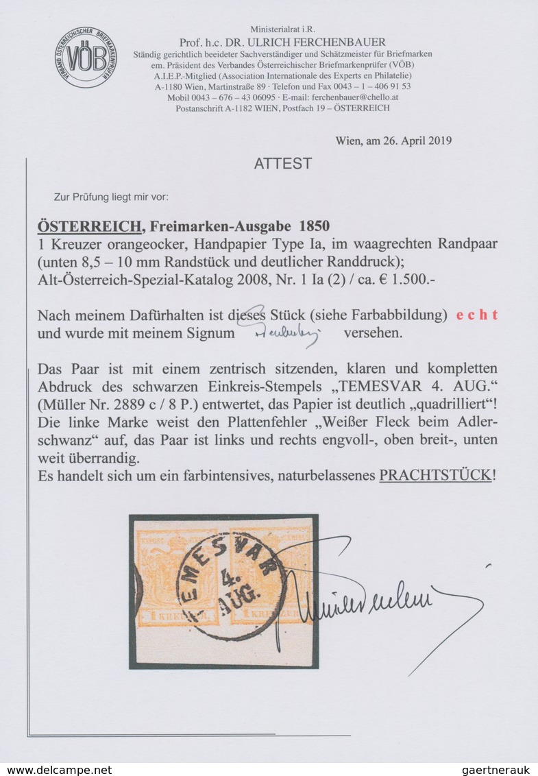 Österreich: 1850, 1 Kreuzer Orangeocker, Handpapier Type Ia, Im Waagerechten Randpaar, Entwertet Mit - Otros & Sin Clasificación