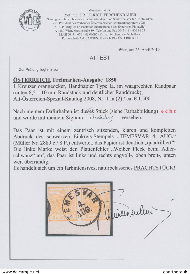 Österreich: 1850, 1 Kreuzer Orangeocker, Handpapier Type Ia, Im Waagerechten Randpaar, Entwertet Mit - Other & Unclassified