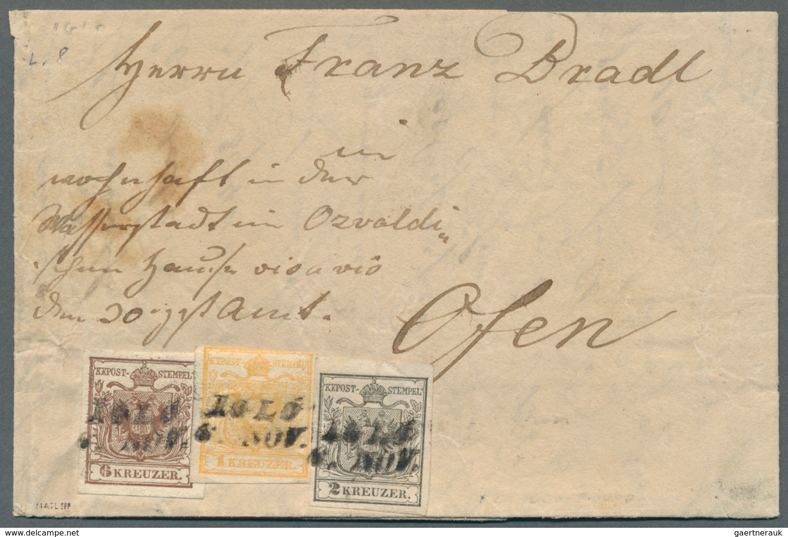 Österreich: 1850, 1 Kr Orange, 2 Kr Silbergrau U. 6 Kr Braun, Je Handpapier, Als 3-Farben Frankatur - Other & Unclassified