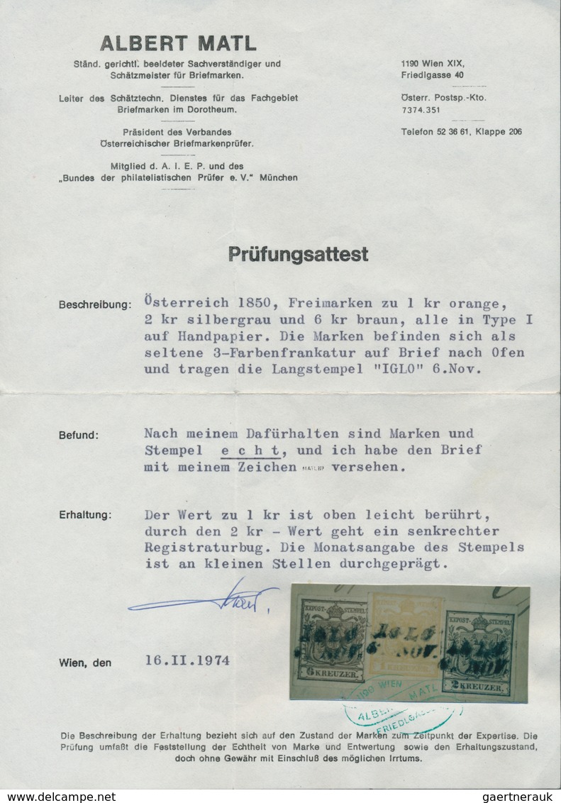 Österreich: 1850, 1 Kr Orange, 2 Kr Silbergrau U. 6 Kr Braun, Je Handpapier, Als 3-Farben Frankatur - Other & Unclassified