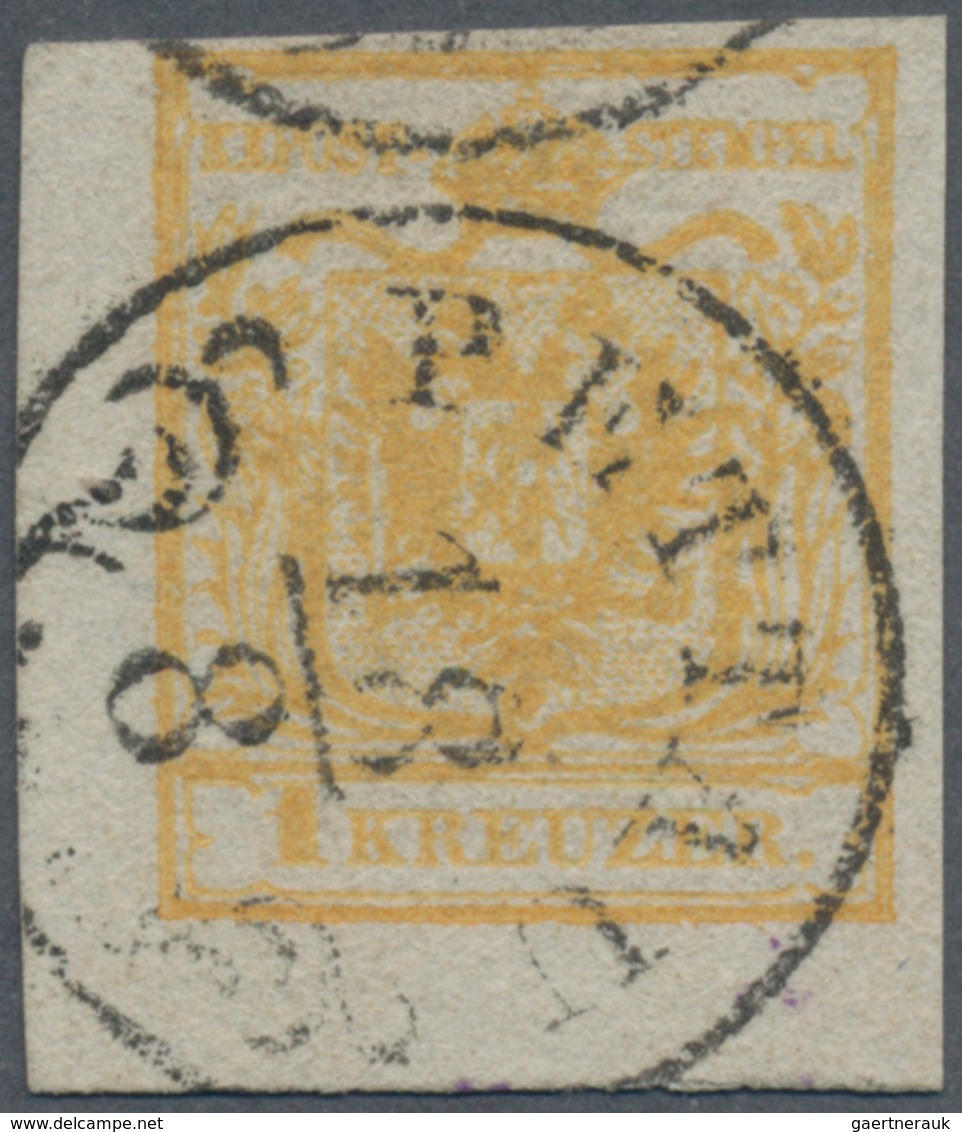 Österreich: 1850, 1 Kreuzer Ockerorange, Handpapier Type III, Kurzes Linkes Unteres Eckrandstück, En - Other & Unclassified