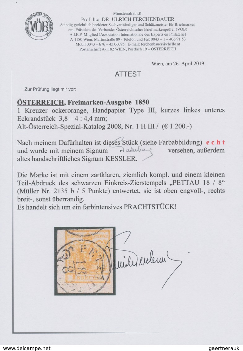 Österreich: 1850, 1 Kreuzer Ockerorange, Handpapier Type III, Kurzes Linkes Unteres Eckrandstück, En - Sonstige & Ohne Zuordnung