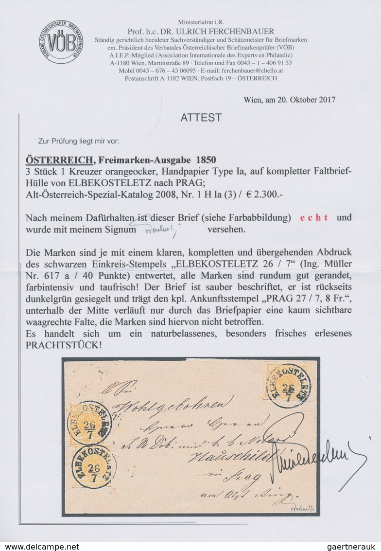 Österreich: 1850, 1 Kreuzer Orangeocker Type Ia MeF - 3 Stück Entwertet Mit K1 ELBEKOSTELETZ (Müller - Andere & Zonder Classificatie