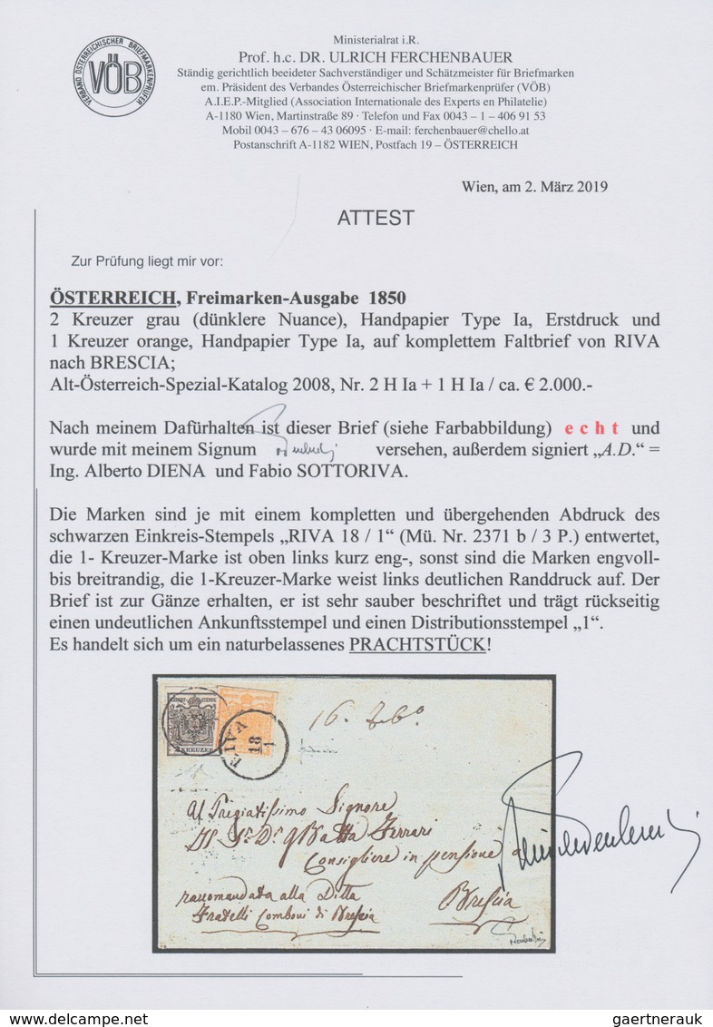 Österreich: 1850, 1 Kreuzer Orange Und 2 Kr Grau (dunklere Nuance) Entwertet Mit K1 RIVA Auf Kpl. Fa - Andere & Zonder Classificatie