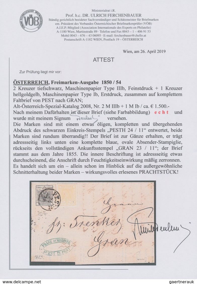 Österreich: 1854, 1 Kreuzer Goldgelb MiF Mit 2 Kreuzer Tiefschwarz Entwertet Mit übergehendem K1 PES - Other & Unclassified