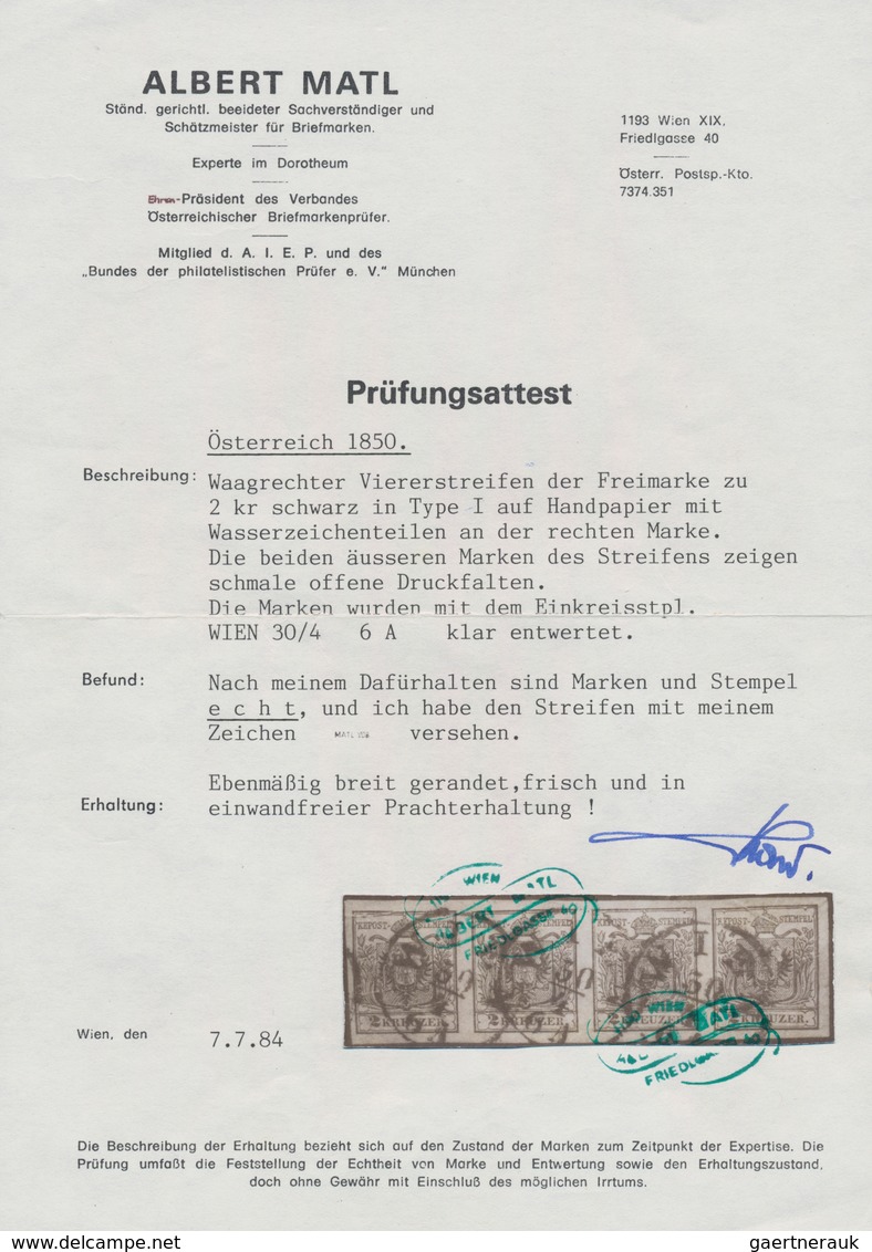 Österreich: 1850, 2 Kreuzer Schwarz, Handpapier Type I, Waagerechter Viererstreifen Mit Wasserzeiche - Andere & Zonder Classificatie