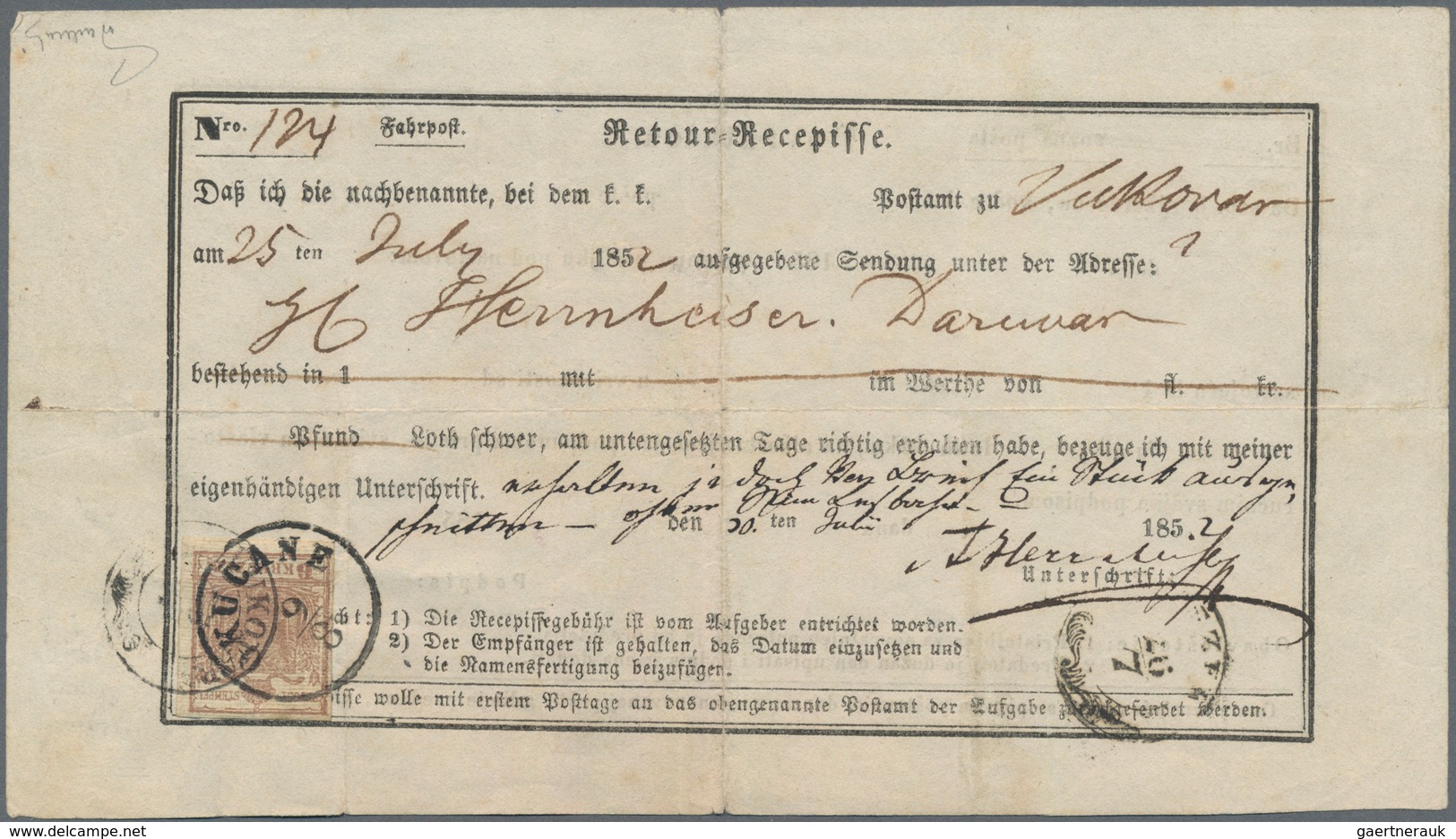 Österreich: 1850, 6 Kreuzer Rötlichbraun Auf Handpapier, Type Ib, Auf Kompletter Retour-Recepisse Vo - Otros & Sin Clasificación