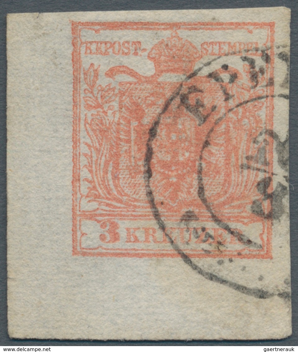 Österreich: 1852, Wappenzeichnung 3 Kr. Handpapier Rosa, Type III A, Sehr Gut Gerandete Linke Untere - Other & Unclassified