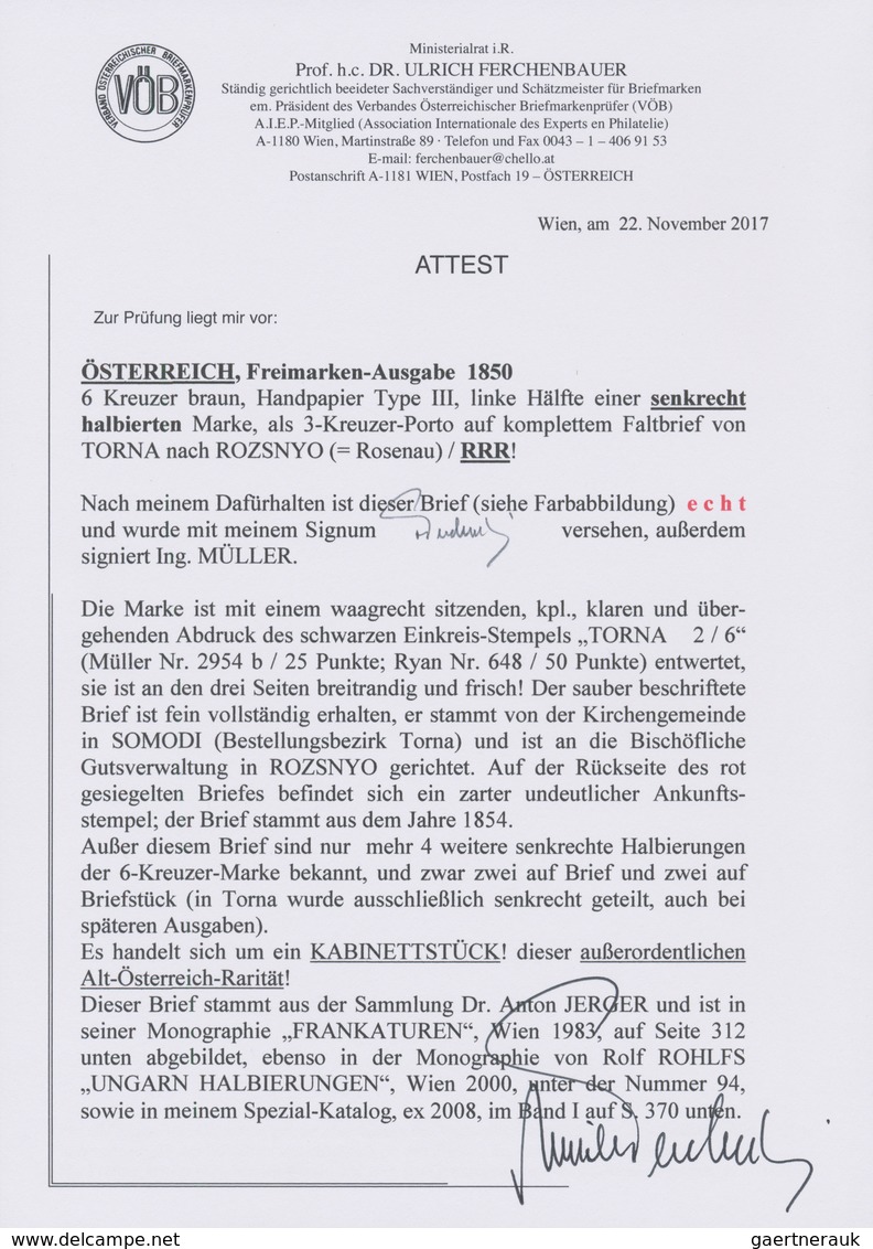 Österreich: 1850, 6 Kreuzer Braun, Handpapier Type III, Linke Hälfte Einer Senkrecht Halbierten Mark - Andere & Zonder Classificatie