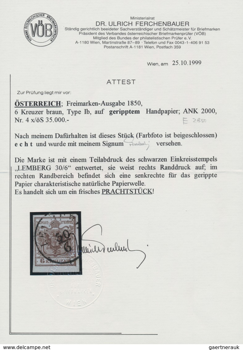 Österreich: 1850, 6 Kr Braun Type I B Auf Geripptem Handpapier. Die Marke Hat Einen Teilabdruck Des - Other & Unclassified