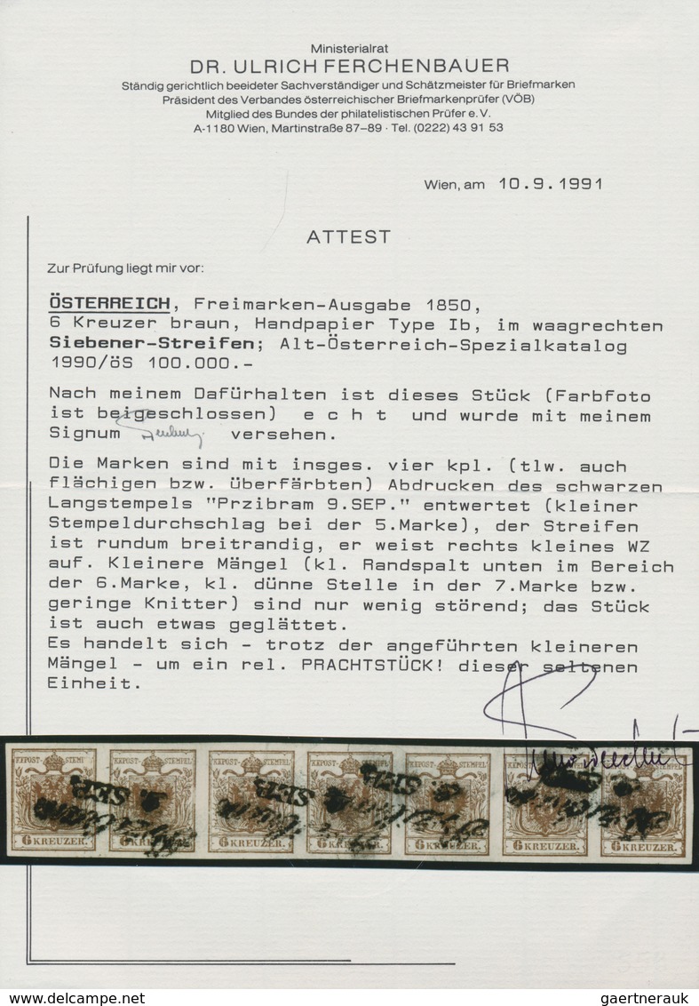 Österreich: 1850, 6 Kreuzer Braun Im Waager. 7er-Streifen Type Ib Entwertet Mit 4x L2 "PRZIBRAM", Di - Other & Unclassified