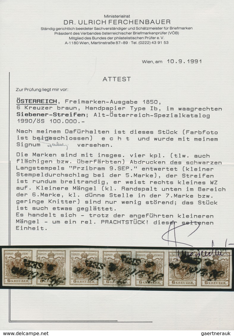 Österreich: 1850, 6 Kreuzer Braun Im Waager. 7er-Streifen Type Ib Entwertet Mit 4x L2 "PRZIBRAM", Di - Andere & Zonder Classificatie