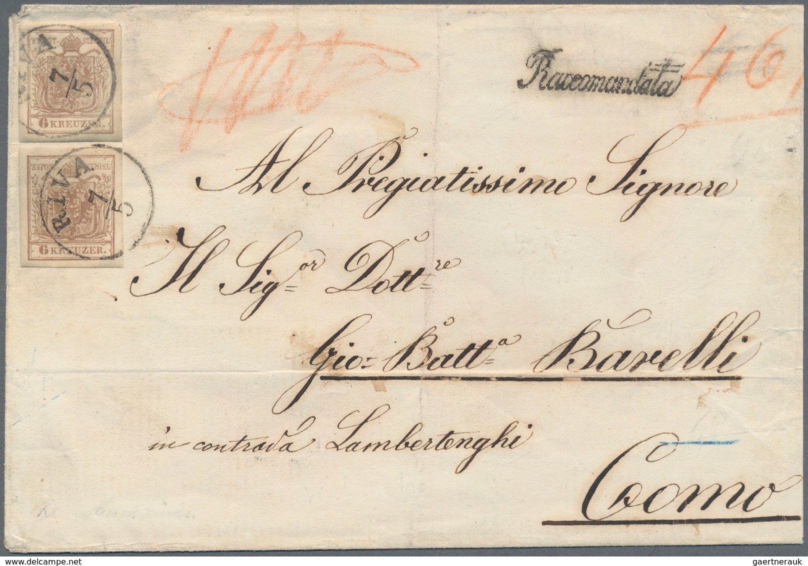 Österreich: 1850/1854, 2 Stück 6 Kreuzer Braun Vorderseitig Und 1x Rückseitig Je Entwertet Mit LOMBA - Other & Unclassified