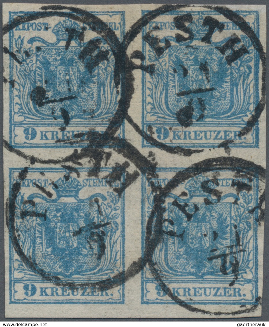 Österreich: 1850, 9 Kreuzer Blau, Dünnes Handpapier 0,065 Mm Im Viererblock, Die Beiden Rechten Mark - Otros & Sin Clasificación