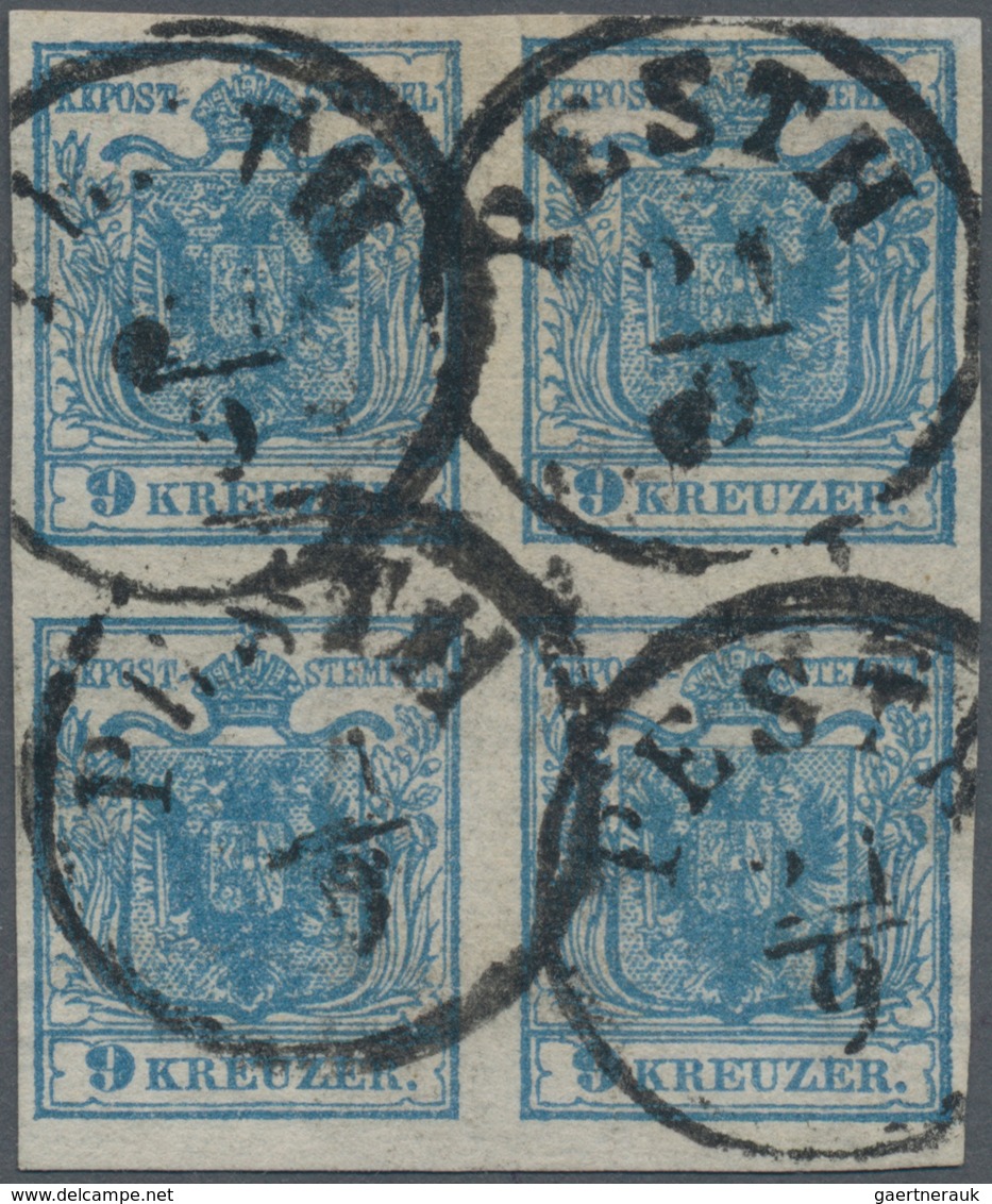 Österreich: 1850, 9 Kreuzer Blau, Dünnes Handpapier 0,065 Mm Im Viererblock, Die Beiden Rechten Mark - Other & Unclassified