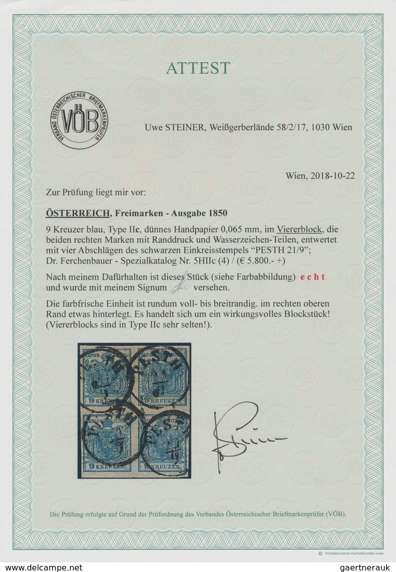 Österreich: 1850, 9 Kreuzer Blau, Dünnes Handpapier 0,065 Mm Im Viererblock, Die Beiden Rechten Mark - Other & Unclassified