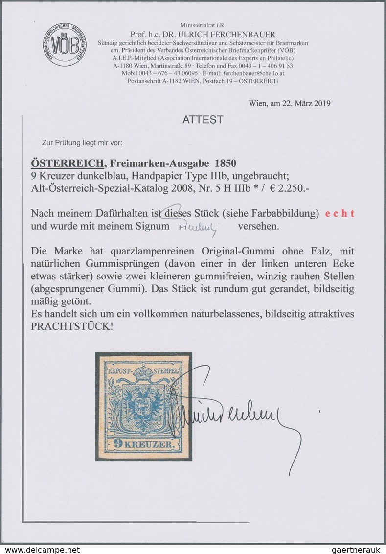 Österreich: 1850, 9 Kr. Blau, Handpapier, Farbfrisches Und Allseits Breitrandiges Examplar Mit Natür - Otros & Sin Clasificación