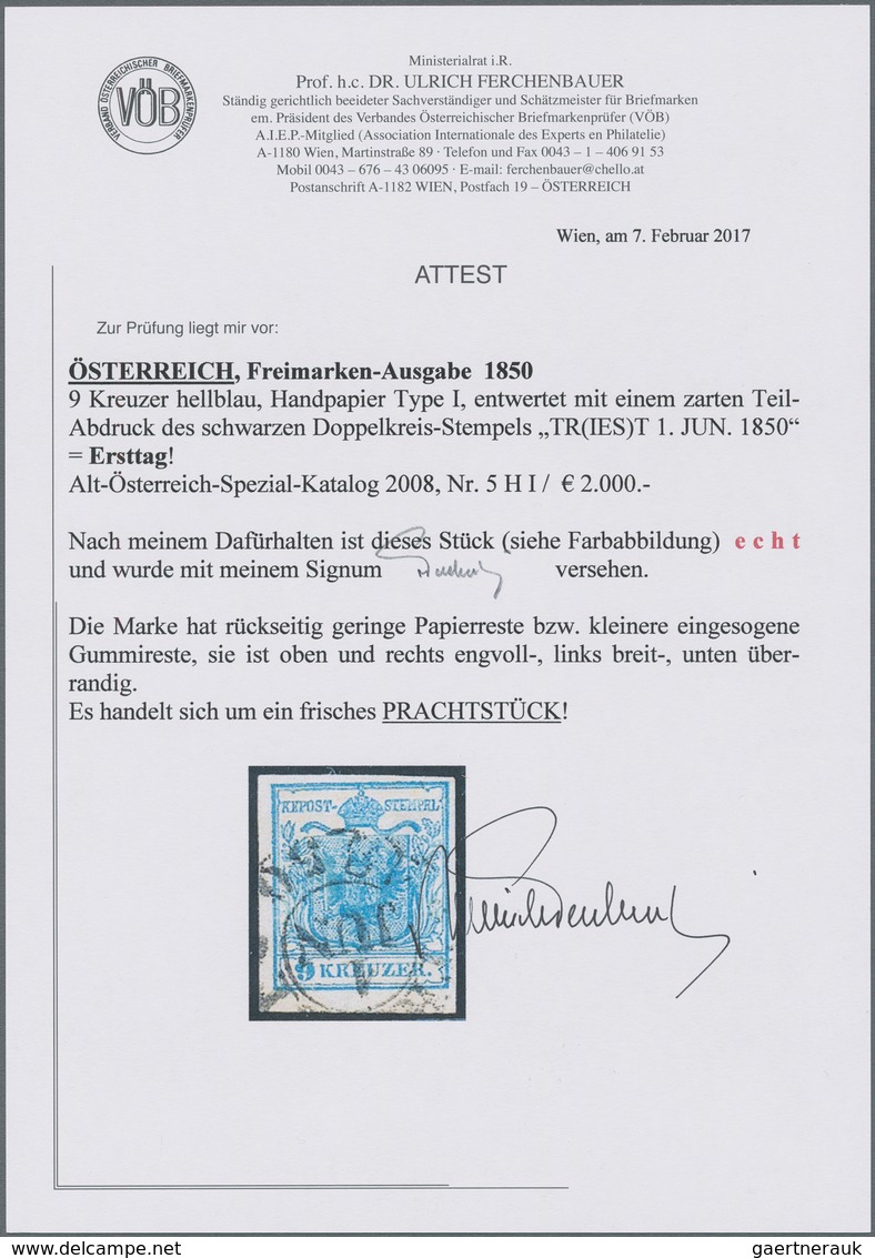 Österreich: 1850, ERSTTAG, 9 Kr. Blau Handpapier Type I, Farbfrisches Exemplar, Allseits Voll- Bis B - Other & Unclassified