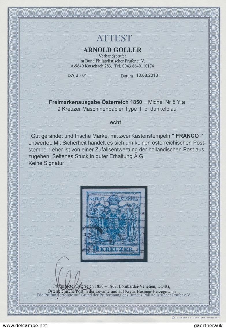 Österreich: 1850, 9 Kr Dunkelblau, Maschinenpapier Type III B, Gut Gerandete Und Frische Marke, Entw - Other & Unclassified
