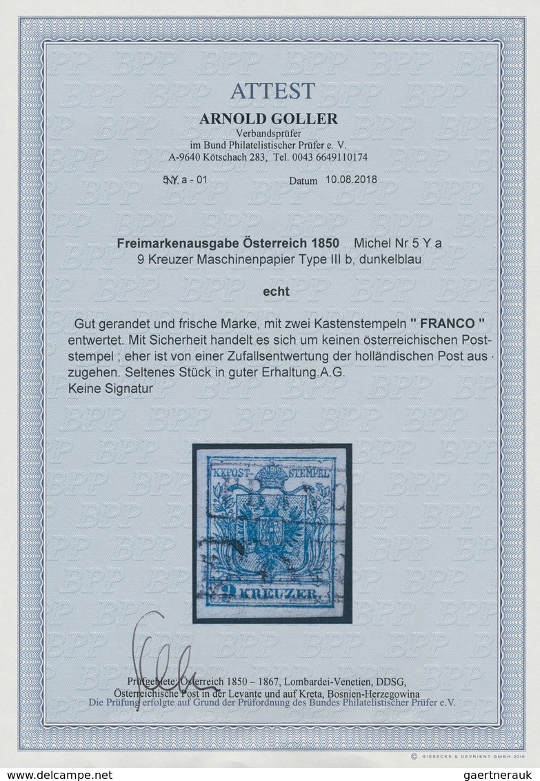 Österreich: 1850, 9 Kr Dunkelblau, Maschinenpapier Type III B, Gut Gerandete Und Frische Marke, Entw - Andere & Zonder Classificatie