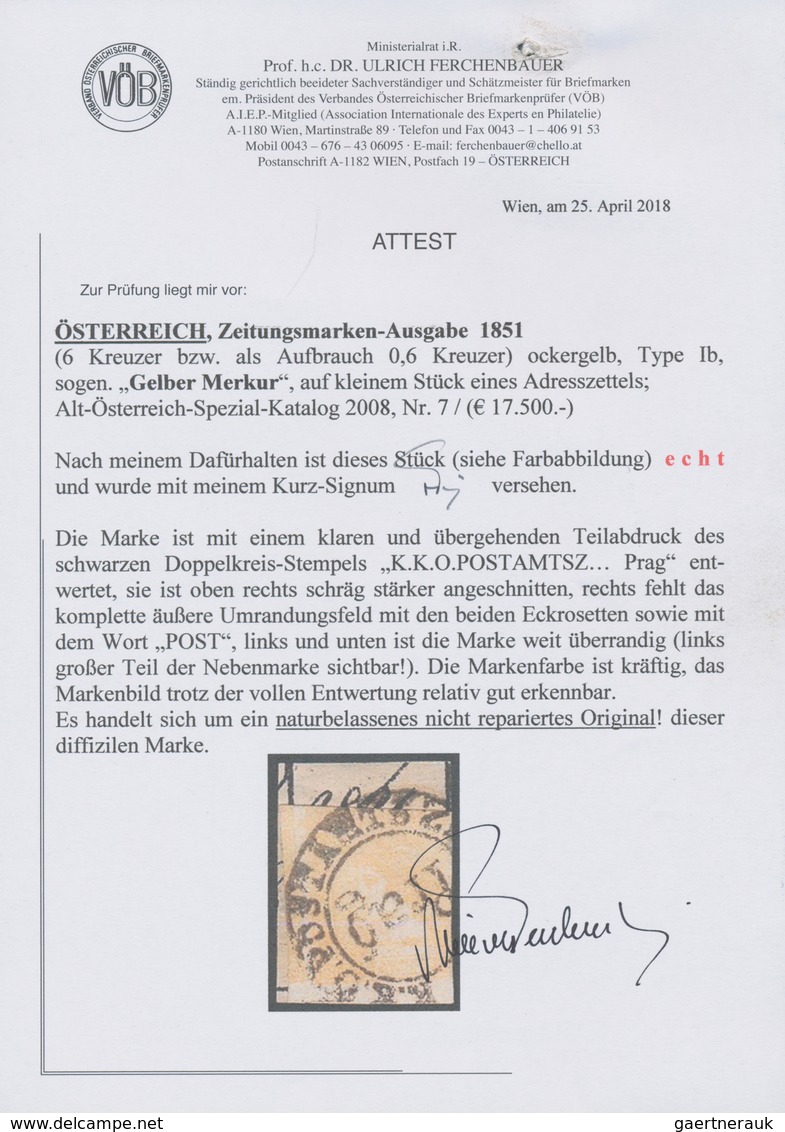 Österreich: 1851, (6 Kr) Ockergelb, Type I B, Sog. "Gelber Merkur", Auf Kleinem Stück Eines Adressze - Andere & Zonder Classificatie