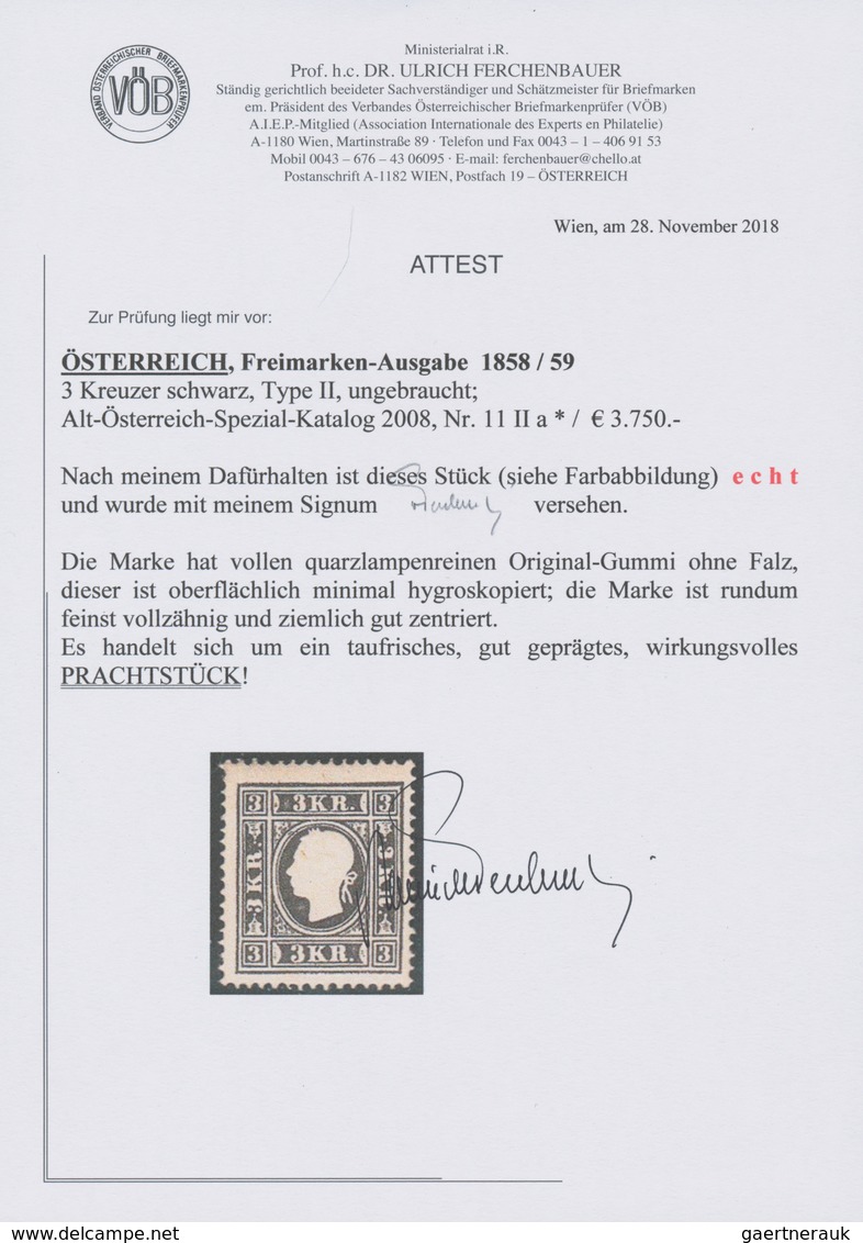 Österreich: 1858, 3 Kr. Schwarz, Type II Mit Quarzlupenreinem Original-Gummi Ohne Falz, Dieser Ist O - Other & Unclassified