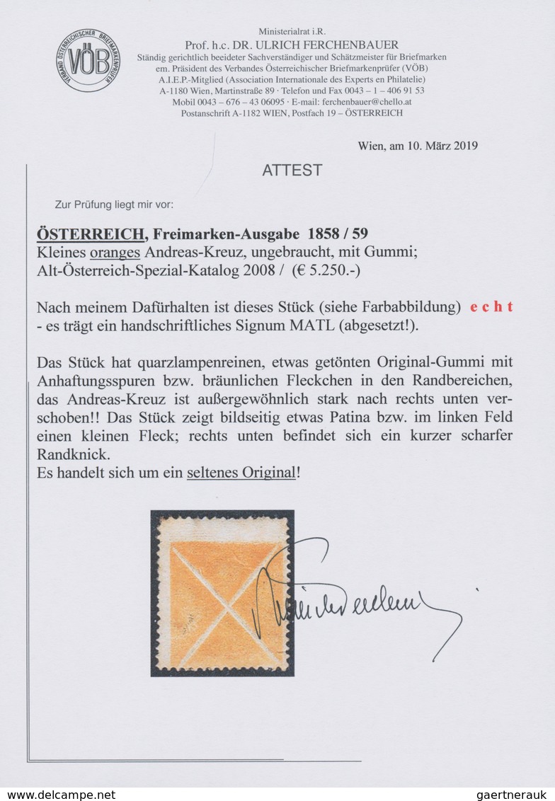 Österreich: 1858, Andreaskreuz Orange. Das Stück Hat Quarzlupenreinen, Etwas Getönten Original-Gummi - Other & Unclassified