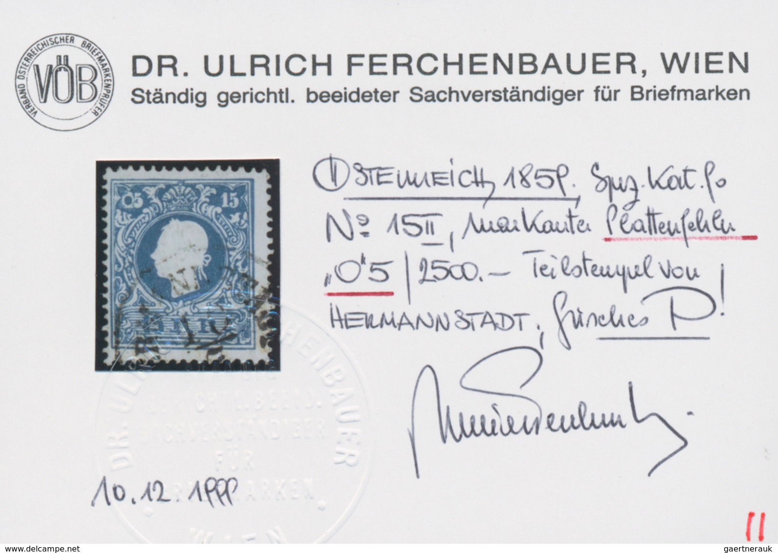 Österreich: 1859, 15 Kr. Blau Type II Mit PLATTENFEHLER "'05' Statt '15'", Entwertet Mit Teilstempel - Otros & Sin Clasificación