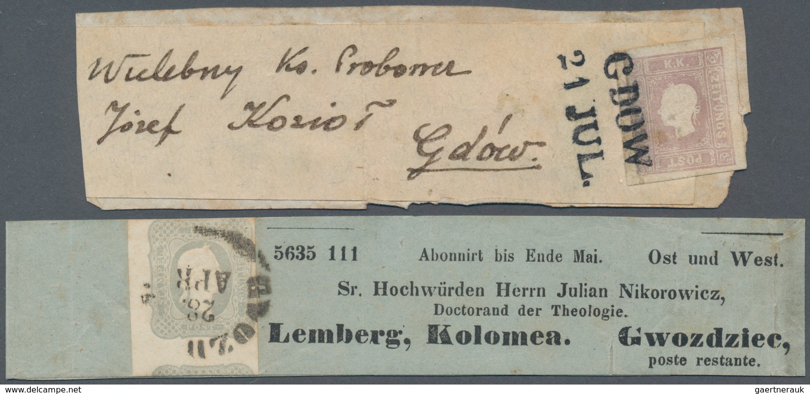 Österreich: 1858/1861, (1.05 Kr Lila) Und (1.05 Kr Grau) Je Auf Zeitungsschleife Mit L2 GDOW Bzw. K1 - Otros & Sin Clasificación