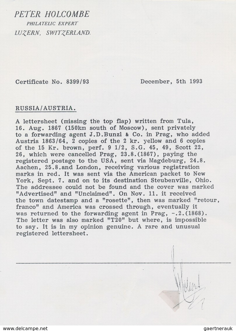 Österreich: 1867 RUSSLAND-ÖSTERREICH-USA: Chargierter Faltbrief Von Tula (RUSSLAND) Nach Steubenvill - Other & Unclassified