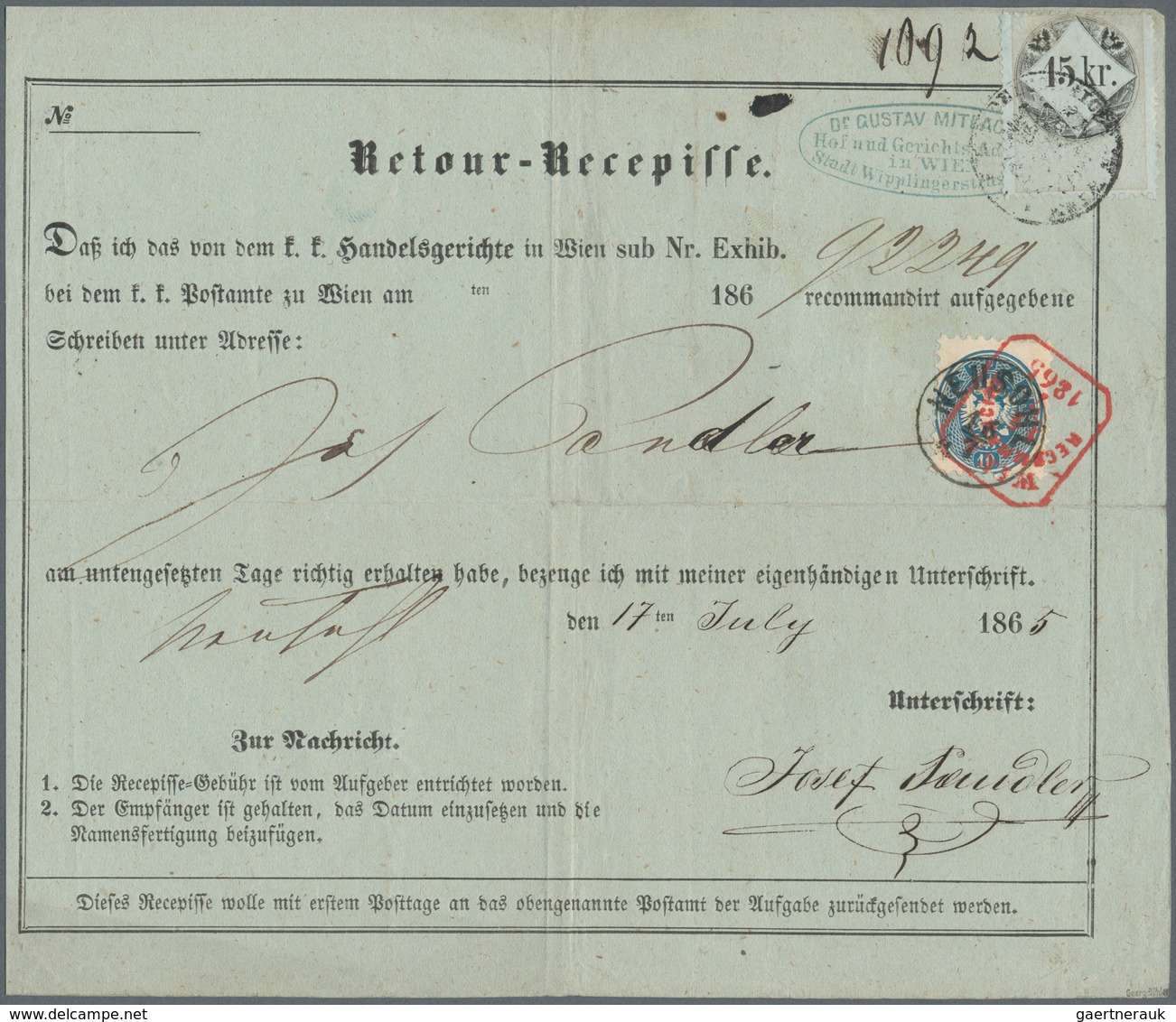 Österreich: 1865, 10 Kreuzer Blau Entwertet Mit K1 "NEUSOHL" Und Rotem 8-Eckstempel "WIEN RECO..." A - Other & Unclassified
