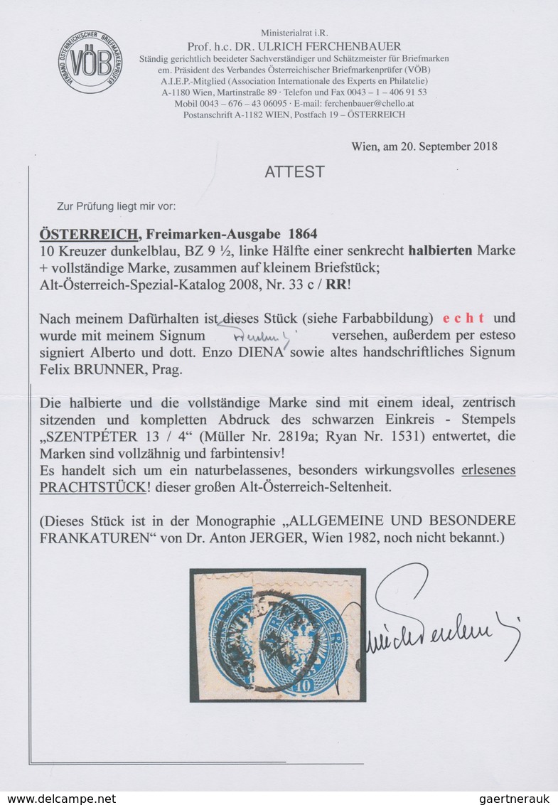 Österreich: 1863/1864, 10 Kreuzer Blau + 10 Kr Senkr. HALBIERUNG (li. Hälfte) Ideal Zentrisch überge - Other & Unclassified