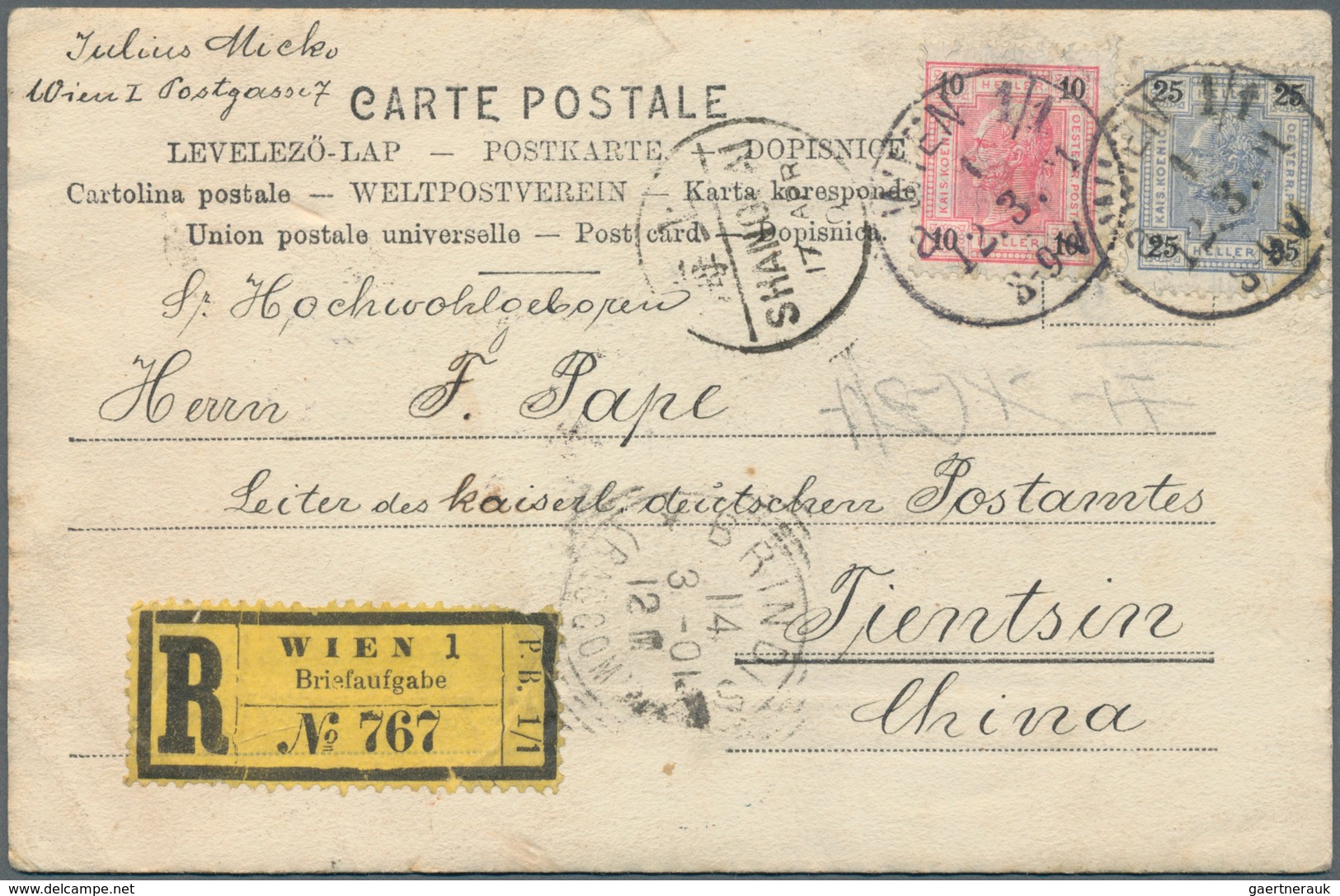 Österreich: 1901, R-Bildpostkarte Ab "WIEN 1/1 12.3.01" Via Brindisi, Hongkong Und Shanghai An Das D - Other & Unclassified