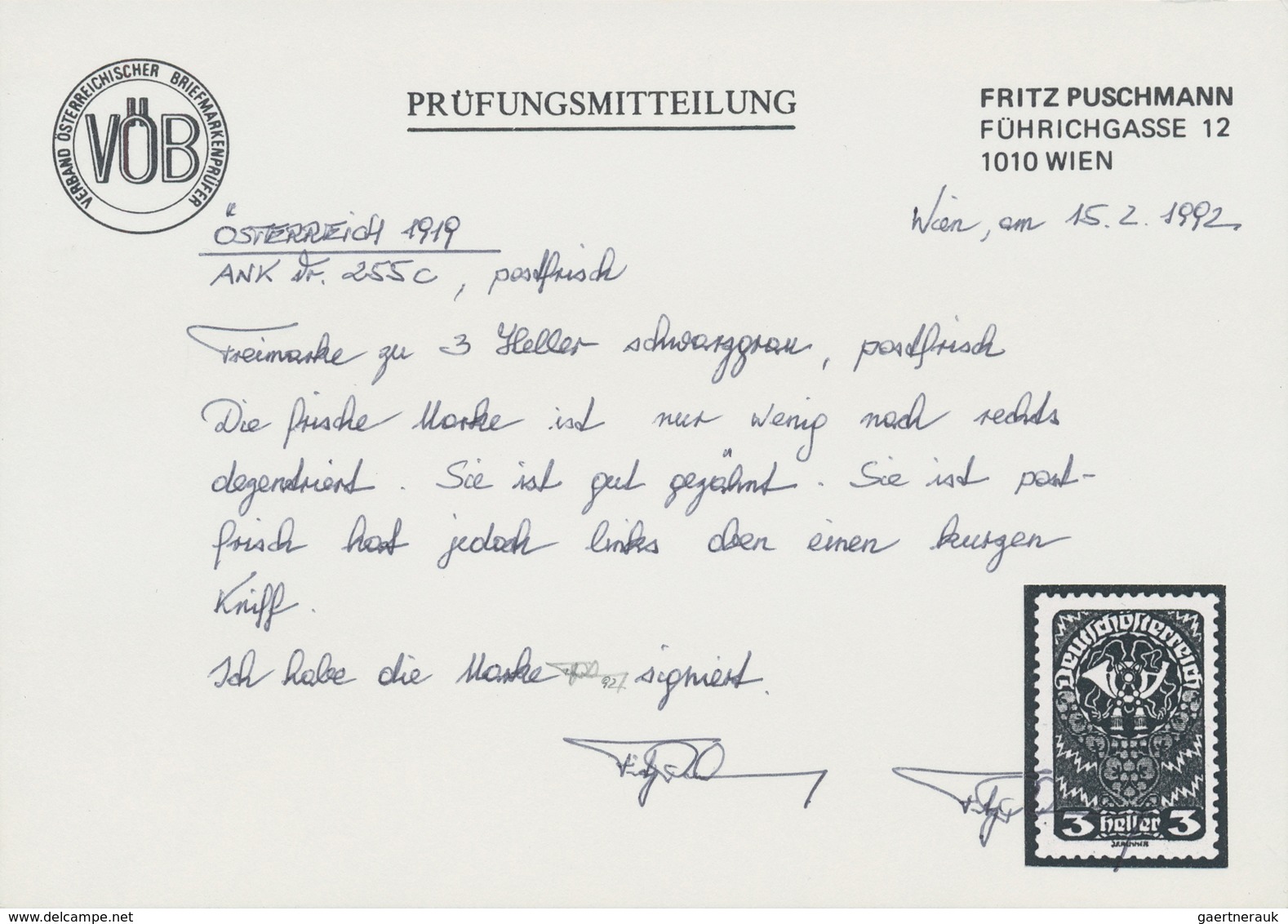 Österreich: 1919, Freimarke 3 H. Schwarzgrau, Postfrisches Stück In Der Seltenen Farbe, Wenig Nach R - Other & Unclassified
