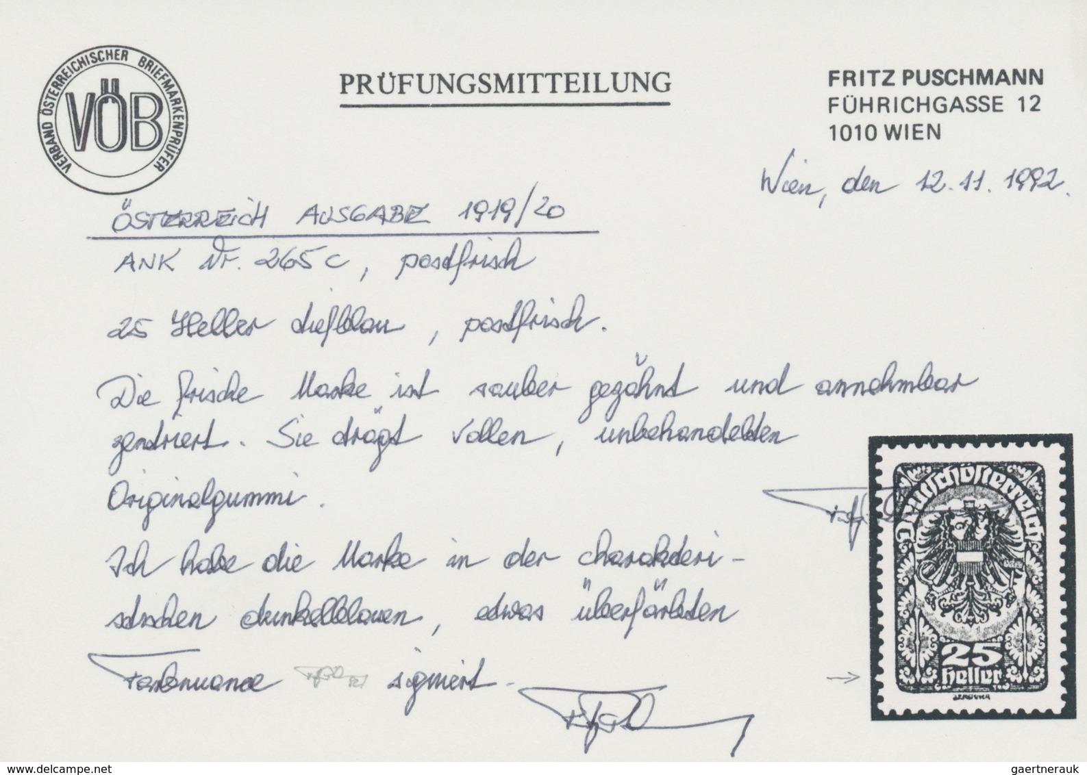 Österreich: 1919, Freimarke 25 Heller In Seltener C-Farbe Schwärzlichultramarin/tiefblau Einwandfrei - Other & Unclassified