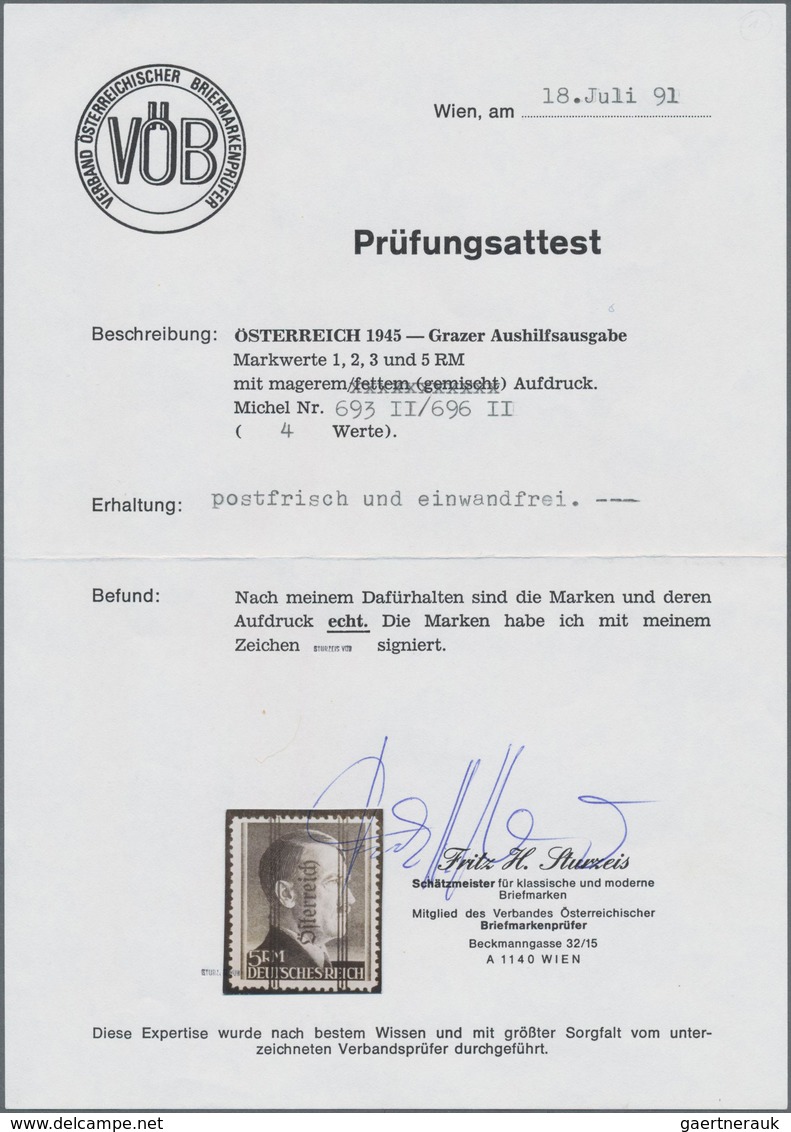 Österreich: 1945, Grazer Aufdruck, Markwerte Mit Kurzem Aufdruck, Postfrisch, Signiert Sturzeis VÖB - Other & Unclassified