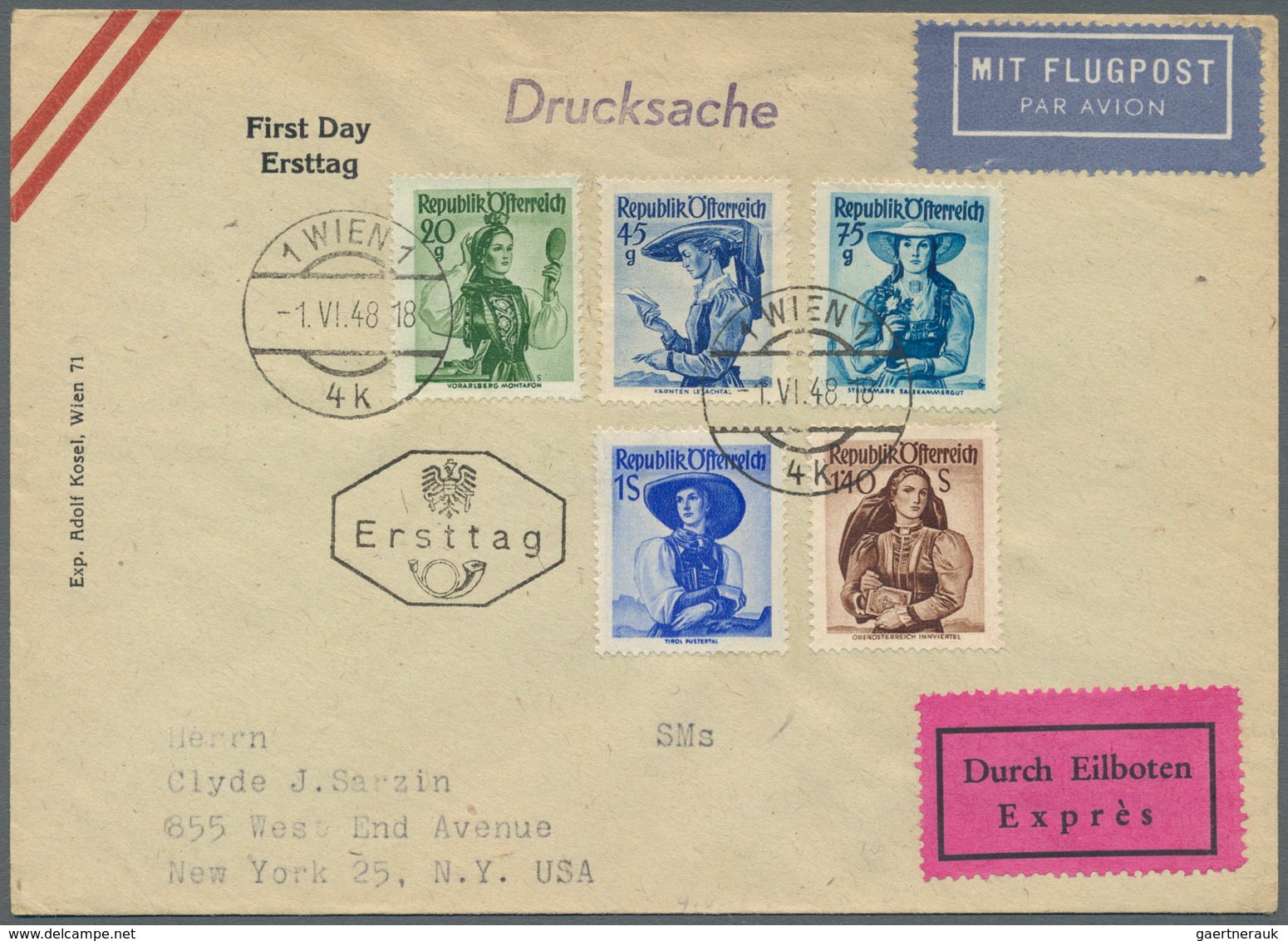 Österreich: 1948 (1.6.), TRACHTEN Fünf Werte Auf Ersttagsbrief Per Luftpost Und Eilboten In Die USA - Andere & Zonder Classificatie