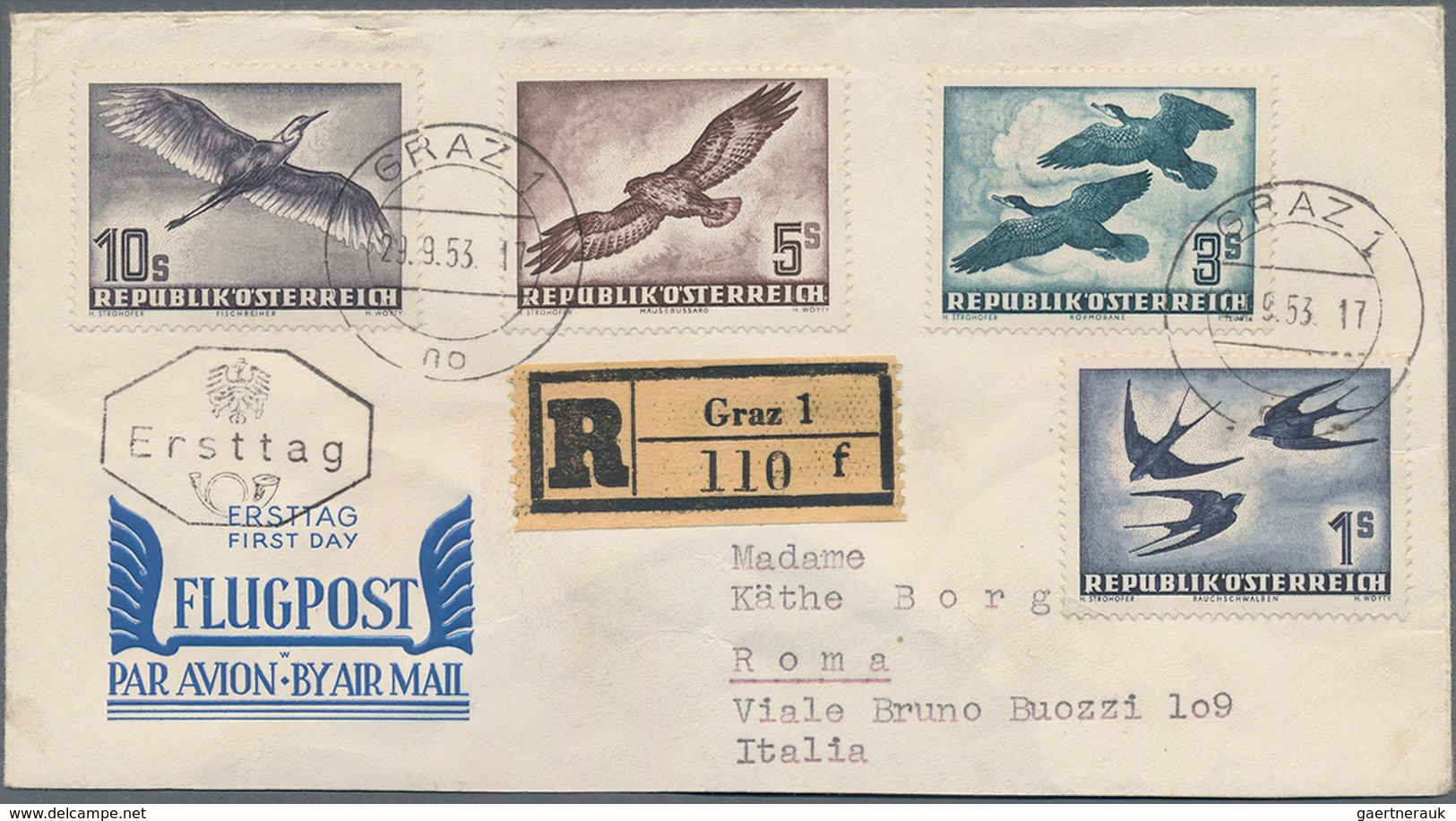 Österreich: 1953, Flugpost Vögel, Kompletter Satz Auf R-FDC Von "GRAZ 29.9.53" Nach Rom Mit Rs. Tran - Andere & Zonder Classificatie