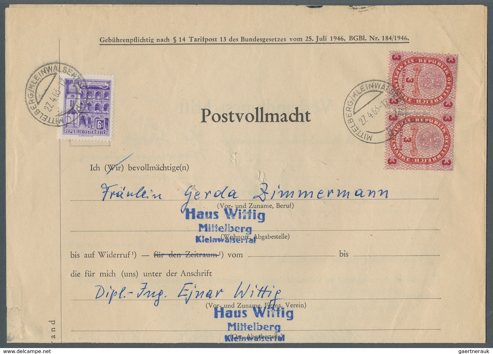 Österreich: 1963, KLEINWALSERTAL: 6 S Bläulichviolett "Trachten", Entwertet Mit Poststempel MITTELBE - Otros & Sin Clasificación