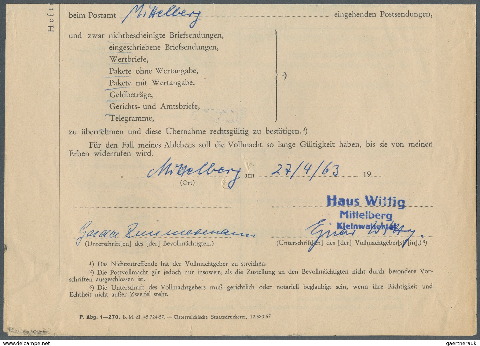Österreich: 1963, KLEINWALSERTAL: 6 S Bläulichviolett "Trachten", Entwertet Mit Poststempel MITTELBE - Otros & Sin Clasificación