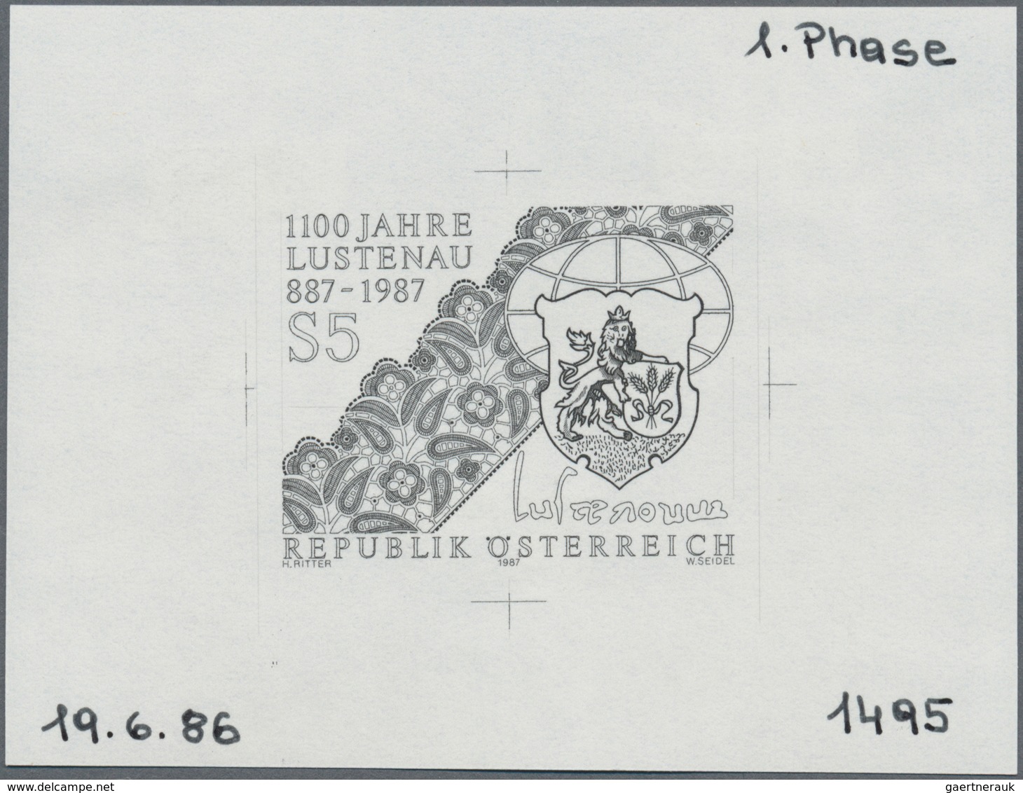 Österreich: 1987. Probedruck (1. Phase) In Schwarz Für Die Ausgabe "1100 Jahre Lustenau". - Otros & Sin Clasificación