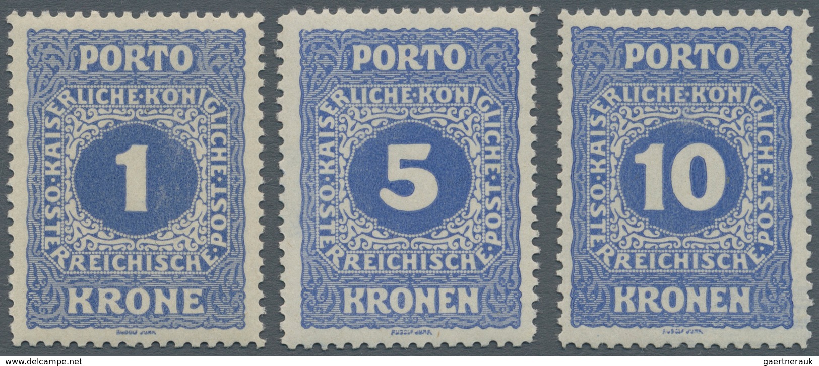 Österreich - Portomarken: 1916, 1 Kr., 5 Kr. Und 10 Kr. Dunkelgraublau, Je In Seltener Zähnung L 12½ - Taxe
