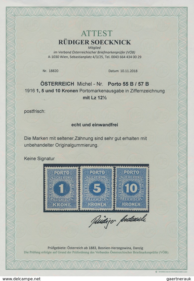 Österreich - Portomarken: 1916, 1 Kr., 5 Kr. Und 10 Kr. Dunkelgraublau, Je In Seltener Zähnung L 12½ - Postage Due