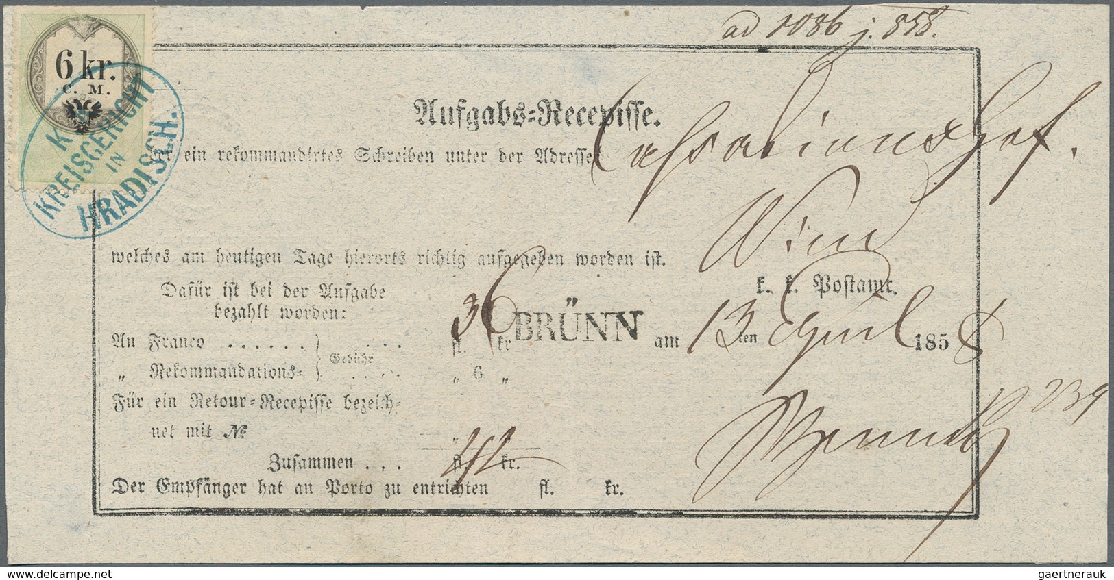 Österreich - Stempelmarken: 1858, 6 Kreuzer Mit Grünem Ovalstempel "K.K. KREISGERICHT IN HRADISCH." - Fiscale Zegels