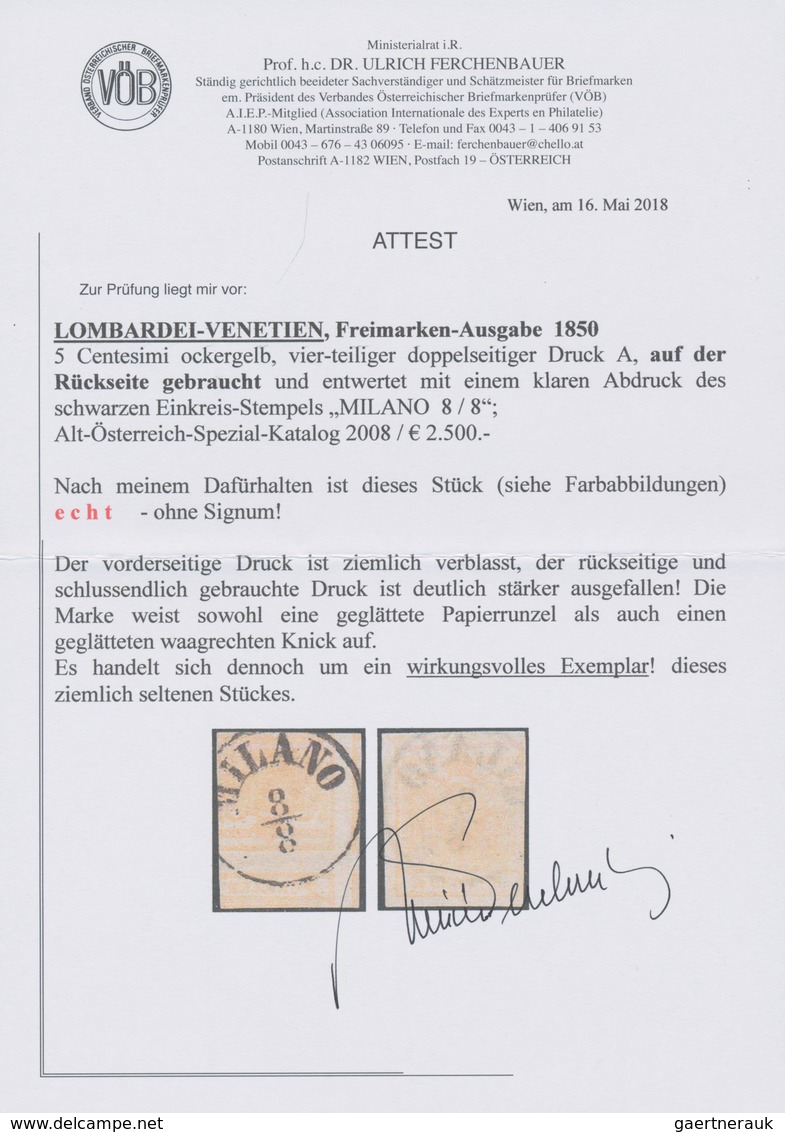 Österreich - Lombardei Und Venetien: 1850, 5 Cent. Ockergelb Mit 4-teiligem Doppelseitigem Druck A, - Lombardije-Venetië