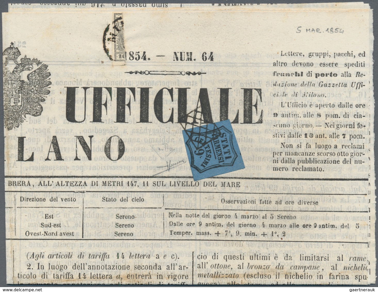Österreich - Lombardei Und Venetien: 1854 "Offizielle Zeitung Von Mailand" (Gazetta Ufficiale Di Mil - Lombardije-Venetië
