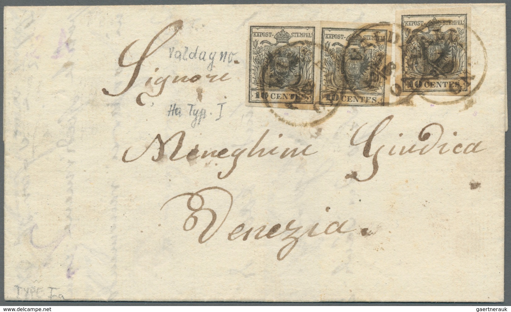 Österreich - Lombardei Und Venetien: 1850, "10 C. Handpapier", Drei Werte Als MeF Auf Schönem Faltbr - Lombardije-Venetië